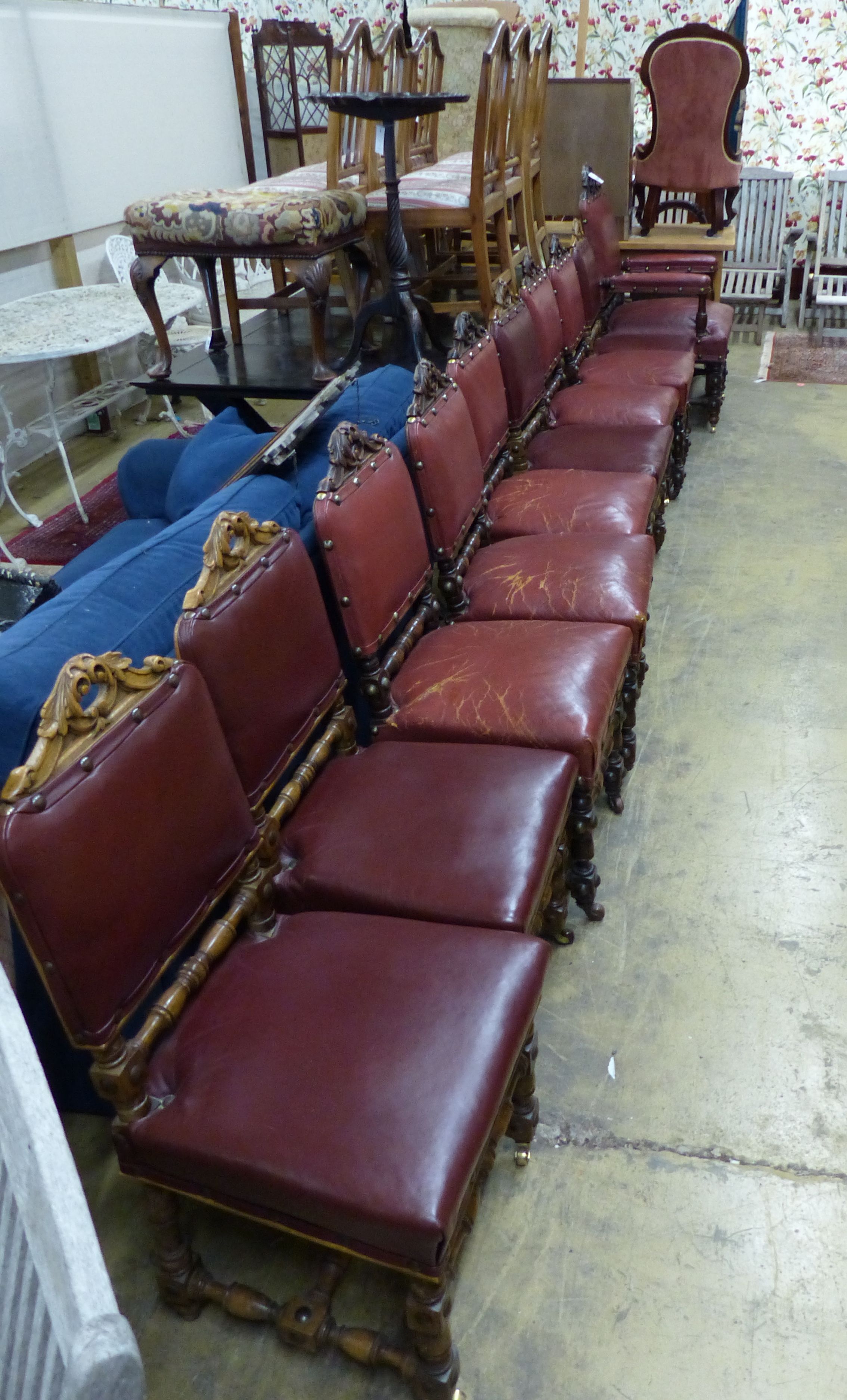 A set of ten Victorian 17th century style oak dining chairs